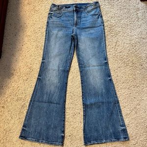 Express Brand Mid Rise Medium Wash Horse Bit 70s Flare Jeans